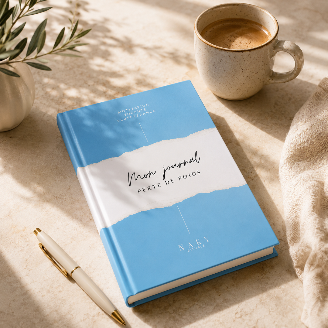Journal de perte de poids Naky Rituals ouvert sur une table lumineuse
